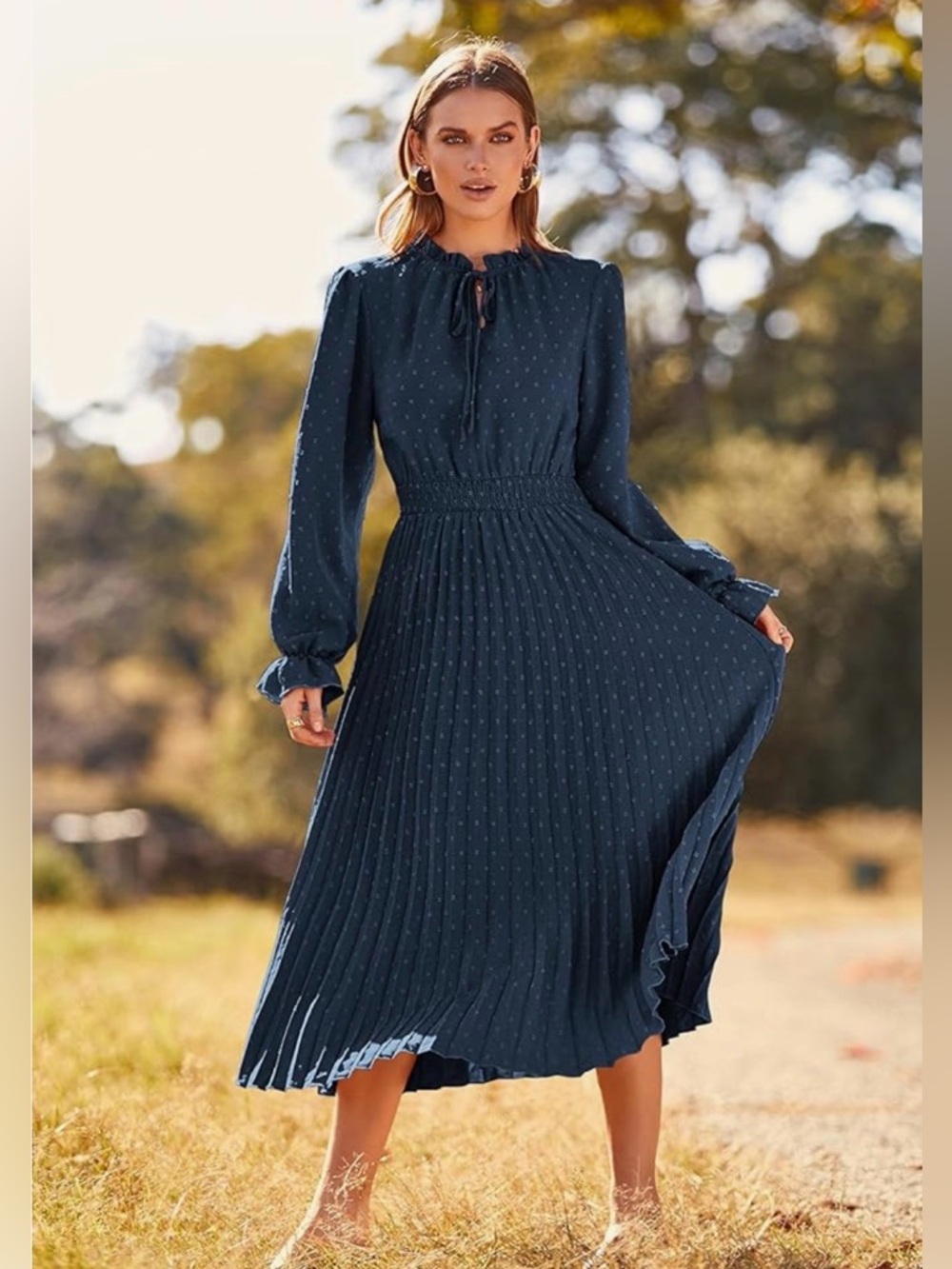 Long Sleeve Navy Pleated Midi Dress
